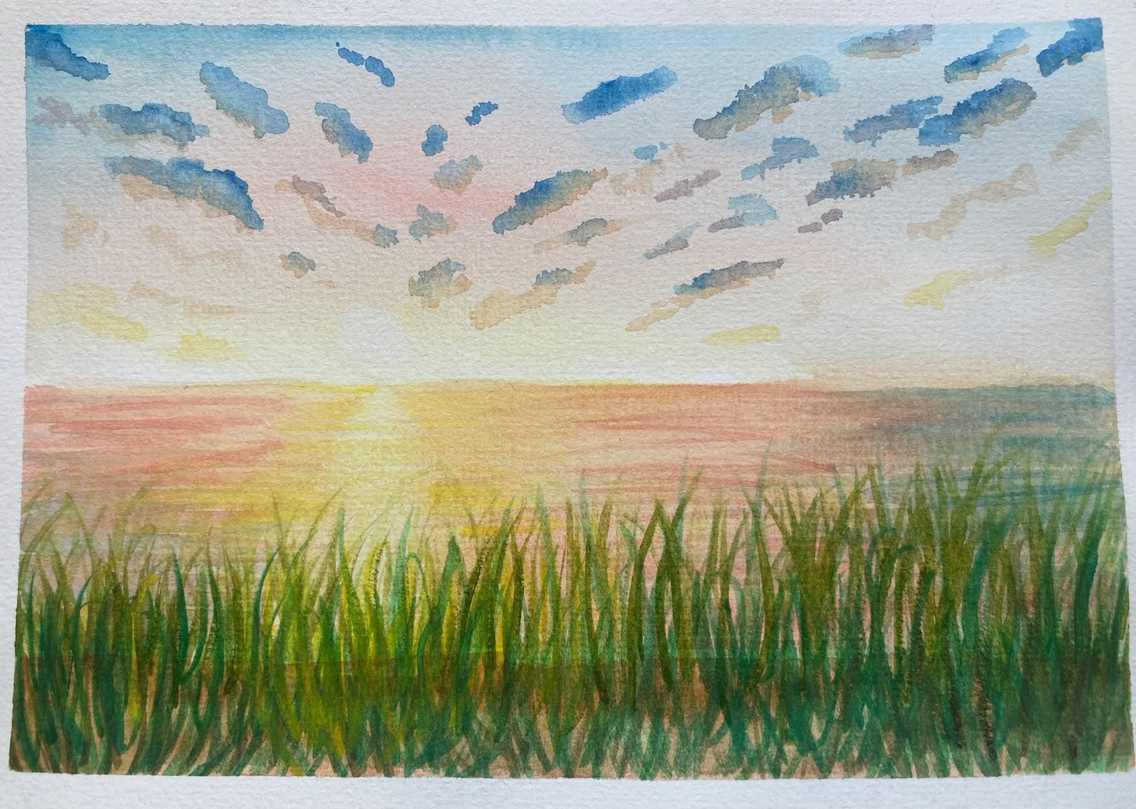 Aquarell einer Wiese im Sonnenaufgang